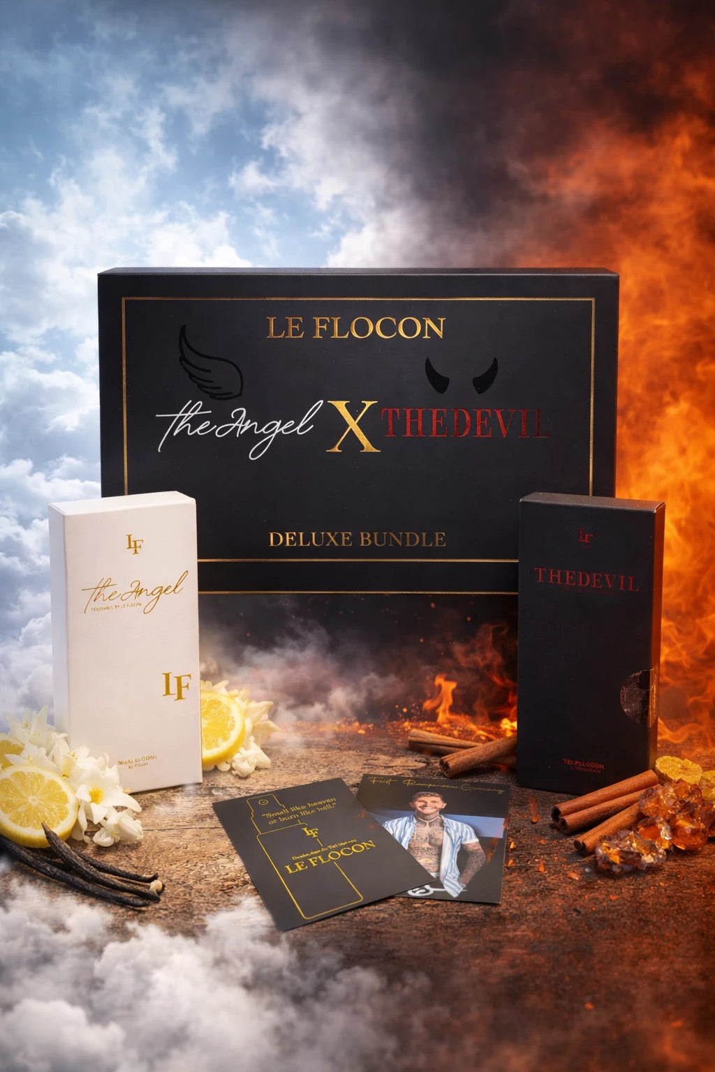 luxuriöse Geschenkbox mit Himmel- und Hölle-Motiv, weiße und schwarze Parfumverpackung, Zitrone, Jasmin, Vanille, Zimt und Amber als Duftnoten