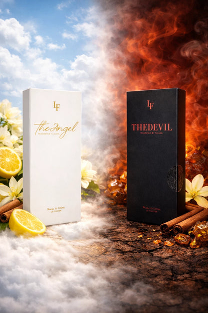 The Angel und The Devil Parfum von Le Flocon im Himmel-und-Hölle-Kontrast – weiße Verpackung mit Zitrone und Jasmin links, schwarze Verpackung mit Feuer, Zimt und Amber rechts