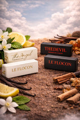 Parfum-Tester von Le Flocon – The Angel und The Devil Duftproben mit Zitrone, weißem Jasmin und Minze auf der hellen Seite sowie Zimt, Vanille und Amber auf der dunklen Seite