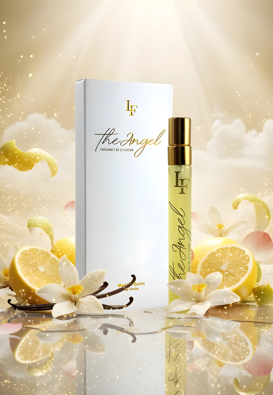 Elegante Produktaufnahme des Parfüms The Angel von Le Flocon. Im Vordergrund steht der goldene 10 ml Flakon neben der weißen Box mit goldener Aufschrift. Umgeben von Zitronenscheiben, Vanilleblüten und schimmernden Lichtpartikeln entsteht eine himmlisch-helle Szenerie, die den frischen, cremig-blumigen Charakter des Duftes symbolisiert.