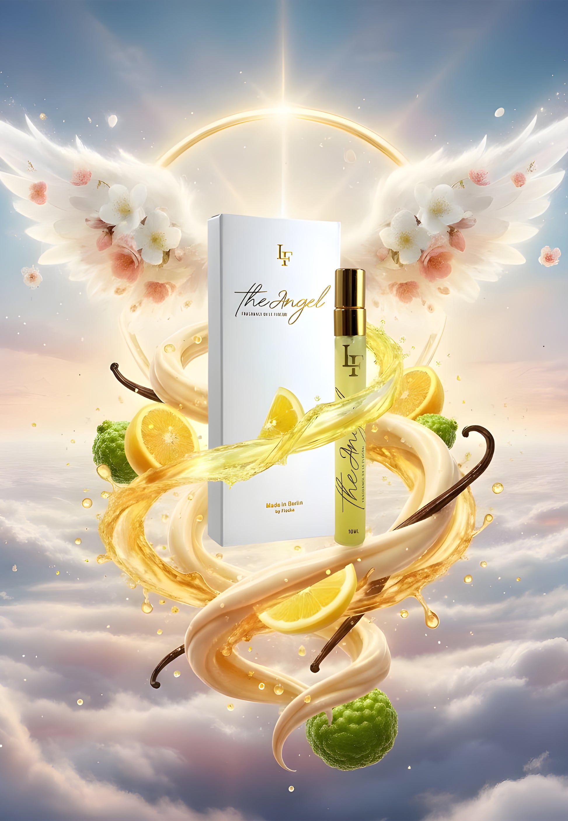 Luxuriöse Produktdarstellung des Parfüms The Angel von Le Flocon. In der Mitte steht der elegante, gold-weiße 10 ml Flakon vor seiner weißen Box mit goldener Aufschrift. Umgeben ist das Set von himmlischen Wolken, goldenen Lichtstrahlen, Blüten, Zitronenscheiben, Vanilleschoten und sanft geschwungenen Creme-Wirbeln – Symbol für den frischen, cremig-blumigen Duftcharakter.