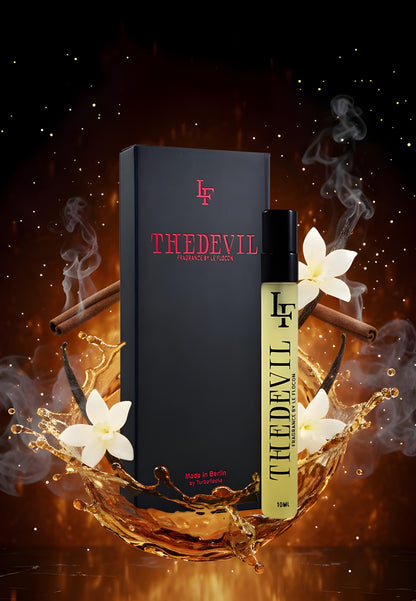 Luxuriöse Produktaufnahme des Parfüms The Devil von Le Flocon. Im Zentrum steht der schwarze Karton mit rotem Schriftzug und der goldene 10 ml Flakon davor. Umgeben von Vanilleblüten, Zimtstangen, Rauchschwaden und spritzenden Cognac-Tropfen entsteht eine feurig-elegante Atmosphäre, die den warmen, würzig-sinnlichen Charakter des Duftes symbolisiert.