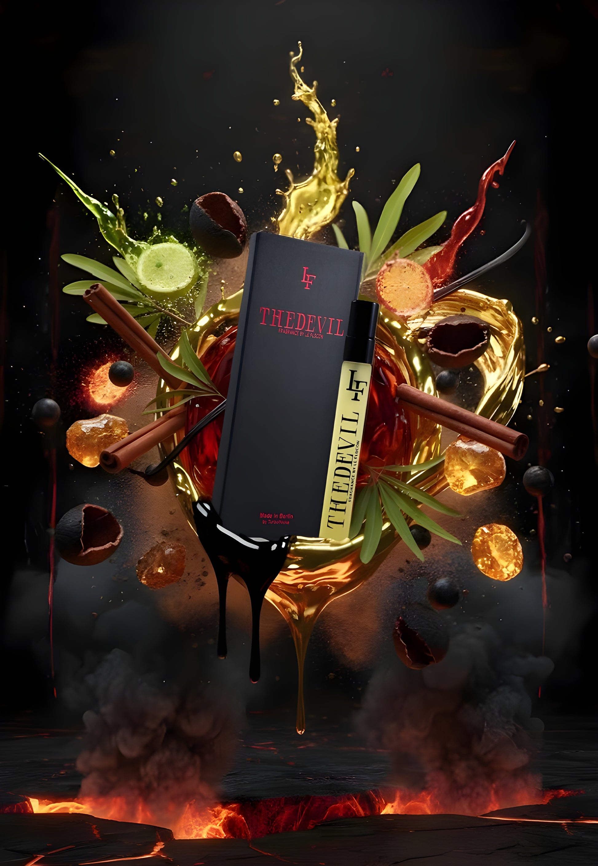 Dramatische Produktdarstellung des Parfüms The Devil von Le Flocon. In der Mitte stehen der schwarze Karton mit roter Aufschrift und der goldene 10 ml Flakon. Umgeben ist das Set von fliegenden Zimtstangen, Gewürzen, dunklen Früchten, Cognac- und Vanillewirbeln sowie glühenden Lava- und Rauchwolken – Sinnbild für den würzig-verführerischen, feurigen Duftcharakter.