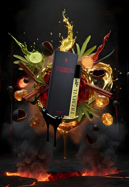 Dramatische Produktdarstellung des Parfüms The Devil von Le Flocon. In der Mitte stehen der schwarze Karton mit roter Aufschrift und der goldene 10 ml Flakon. Umgeben ist das Set von fliegenden Zimtstangen, Gewürzen, dunklen Früchten, Cognac- und Vanillewirbeln sowie glühenden Lava- und Rauchwolken – Sinnbild für den würzig-verführerischen, feurigen Duftcharakter.